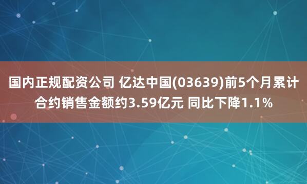 国内正规配资公司 亿达中国(03639)前5个月累计合约销售金额约3.59亿元 同比下降1.1%